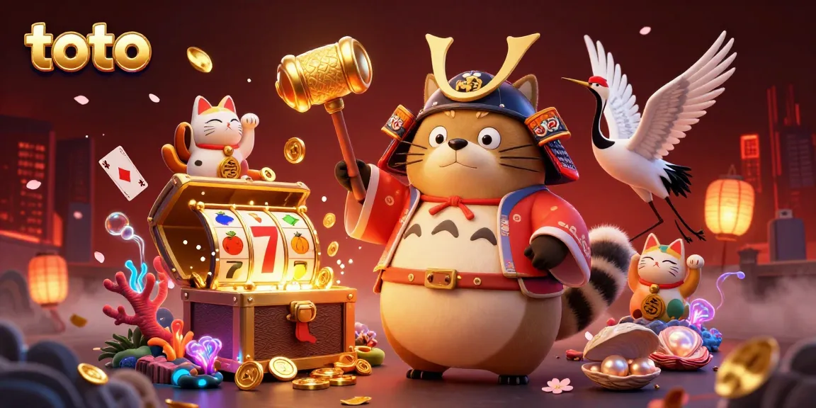 Toto-themed slots game illustration featuring a tanuki and friends amidst gold and slot reels.