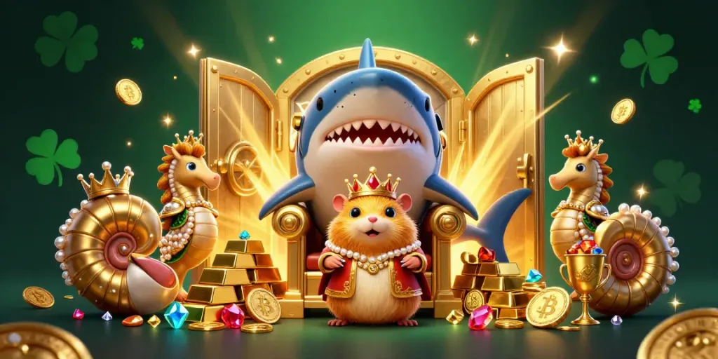 Join the fun at an eth casino featuring a golden hamster king surrounded by treasures.