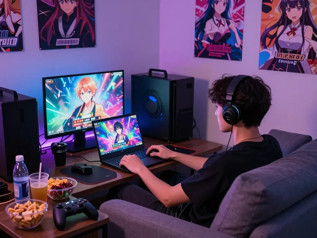 Engaged player enjoying porngames on a laptop in a cozy gaming space.