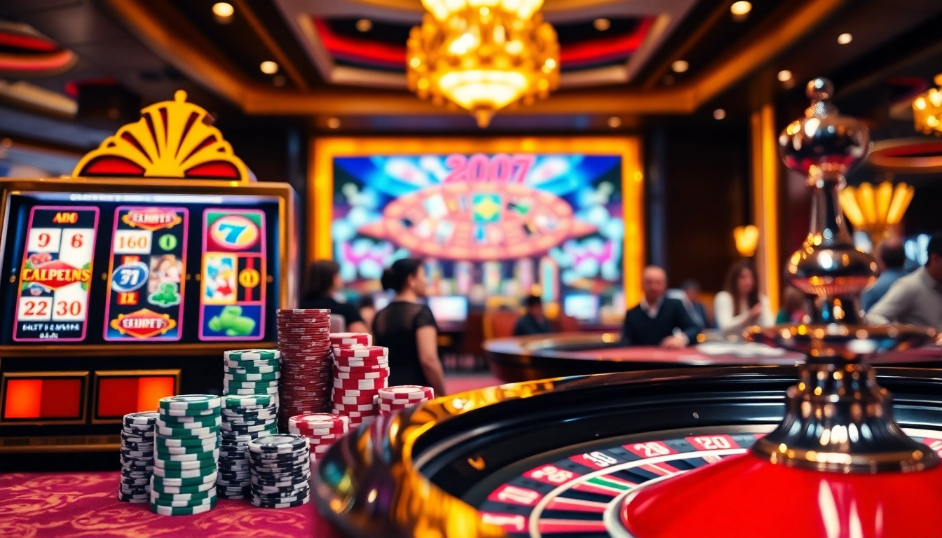Experience the thrill of luxury12 with vibrant slot machines and poker chips stacked high.