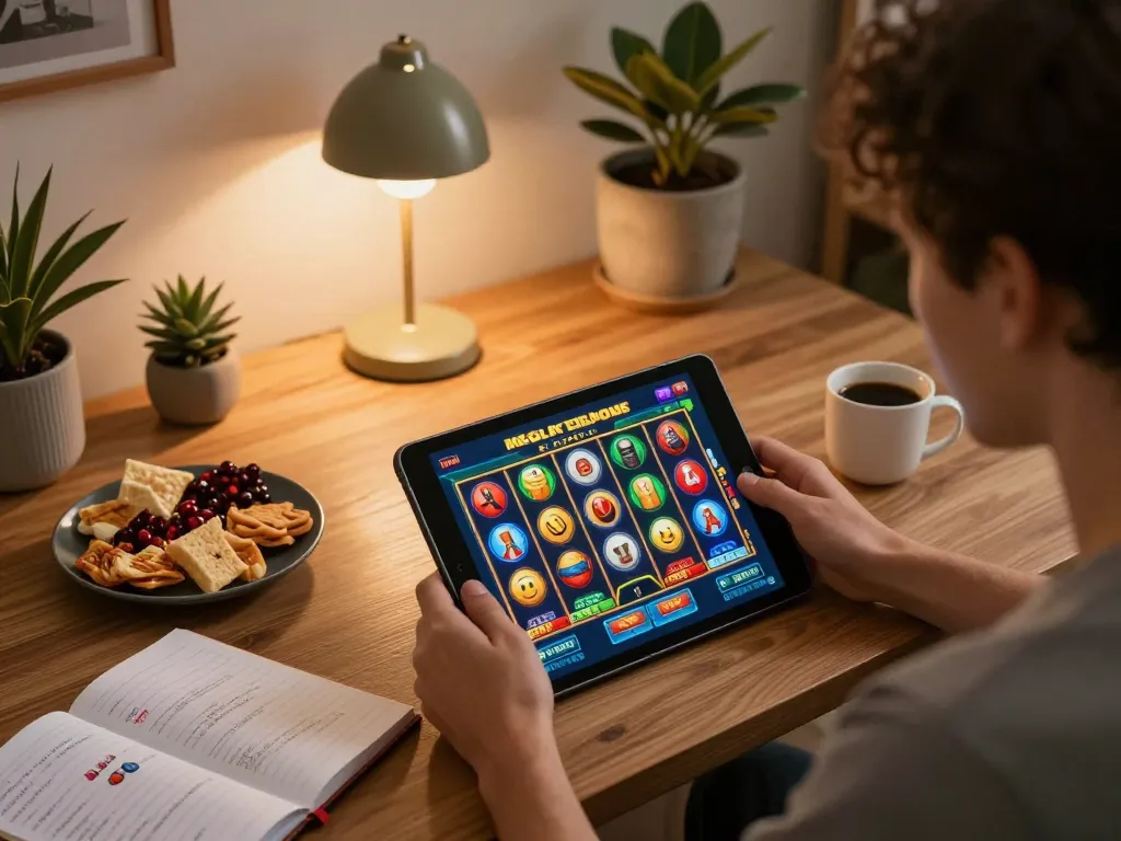 Engaging in exciting mega slot gameplay on a tablet in a cozy home environment.