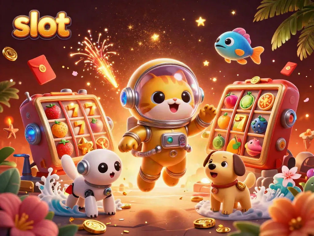 Rasakan keseruan bermain slot dengan kucing astronot dan robot anjing dalam ilustrasi yang penuh warna.
