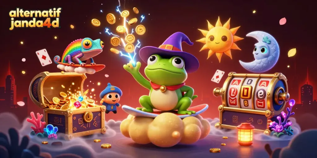 Gambarlah alternatif janda4d yang menunjukkan wizard katak menciptakan hujan koin emas untuk permainan judi.