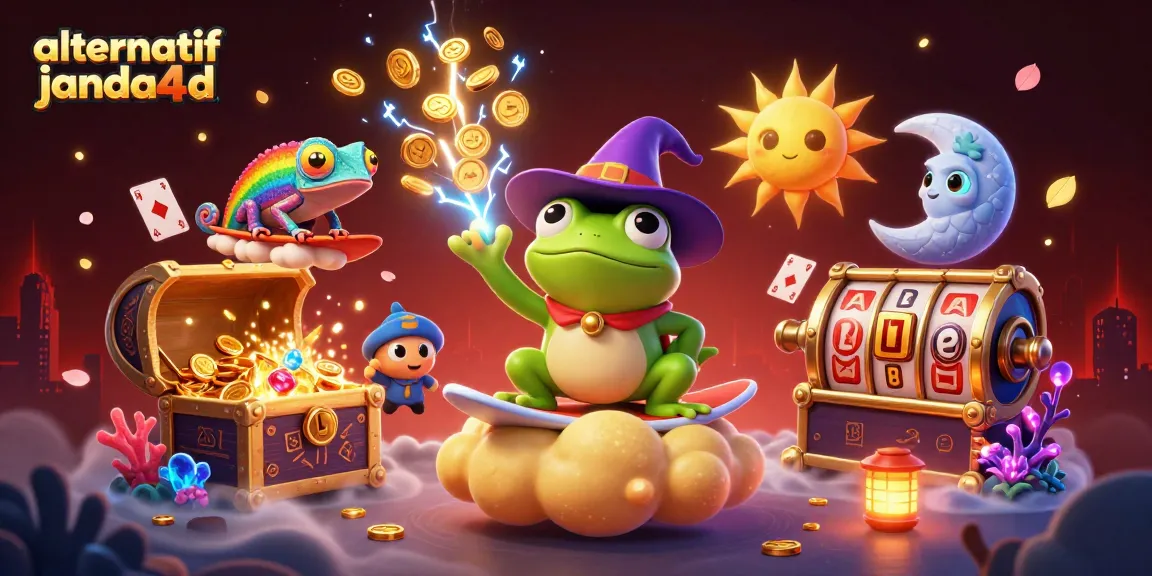 Gambarlah alternatif janda4d yang menunjukkan wizard katak menciptakan hujan koin emas untuk permainan judi.