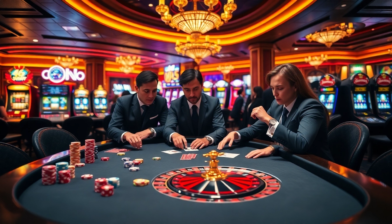 Exciting scene at nhà cái m88 with players engaged in poker, high-stakes gaming atmosphere, vibrant casino lights.