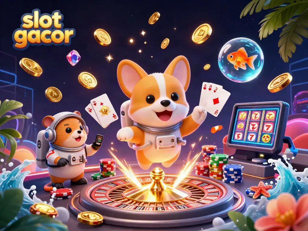 Permainan slot gacor yang menampilkan korgi astronot dan permainan kasino lainnya di luar angkasa.