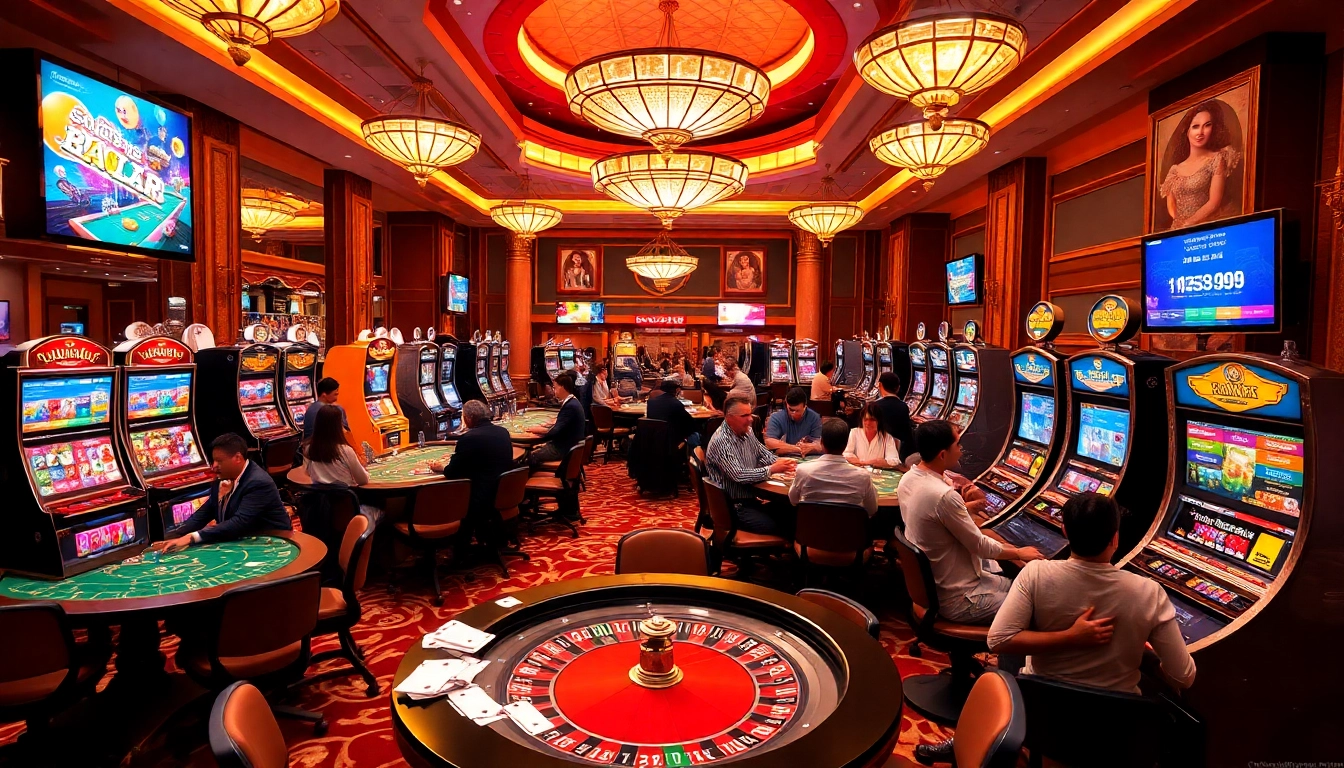 Engaged players enjoying lô kép 247 at a luxurious casino with vibrant gaming tables and jackpot slot machines.