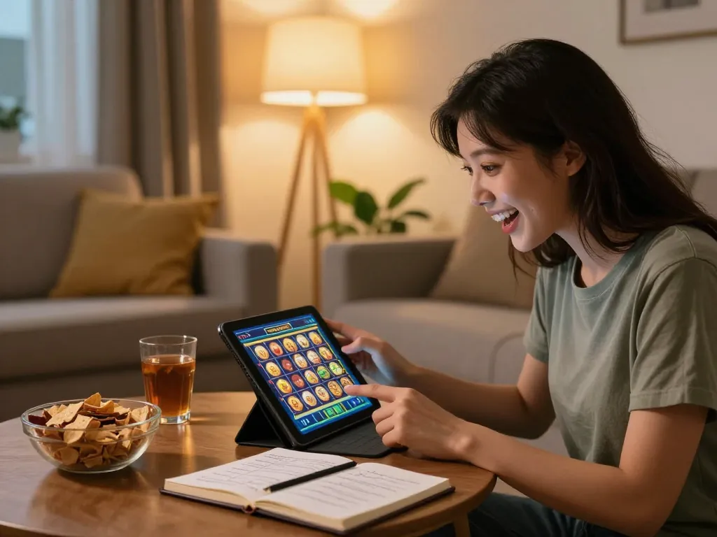Engaging gameplay of slot online on a tablet in a cozy living room atmosphere.
