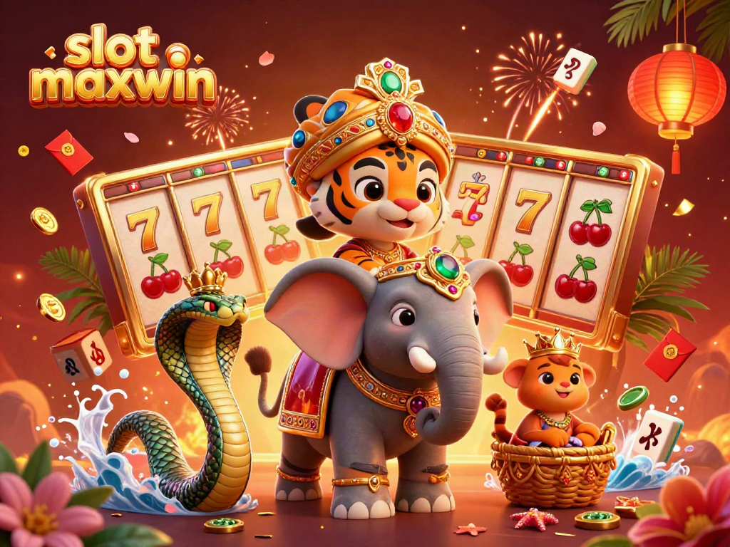 Celebrate big wins with slot maxwin in this vivid 3D casino scene featuring a maharaja, elephant, and lucky symbols.