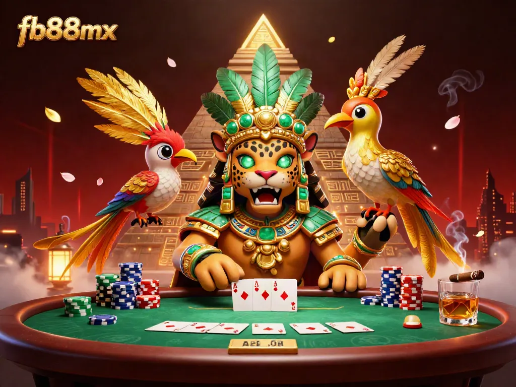 Experience thrilling gameplay with fb88mx's vibrant 3D scene featuring a Mayan jaguar priest and poker elements.