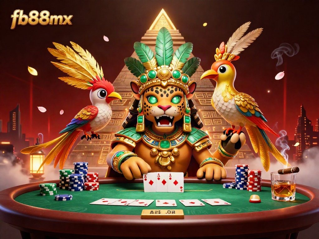 Experience thrilling gameplay with fb88mx's vibrant 3D scene featuring a Mayan jaguar priest and poker elements.