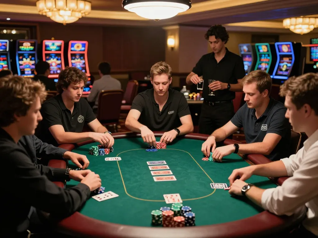 Engaged players competing in a high-stakes poker game, showcasing keonhacai strategies and lively casino atmosphere.