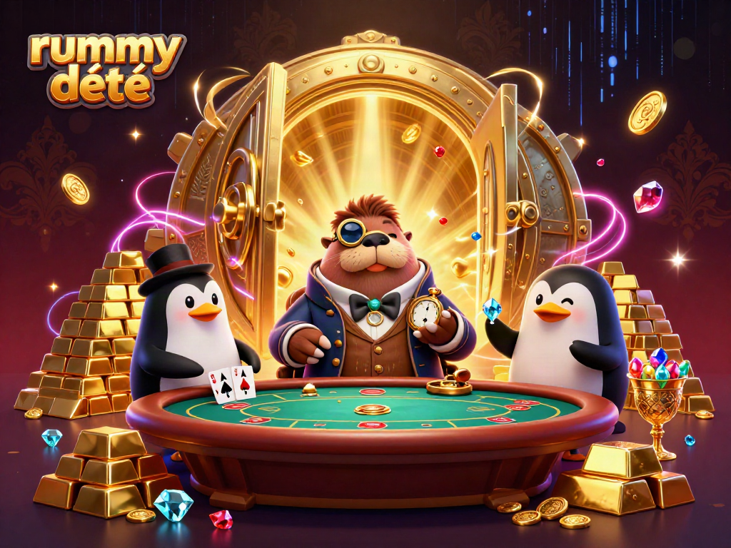 Rummy Deity menyajikan permainan kartu di meja poker bawah laut dengan karakter unik dan harta karun yang bersinar.