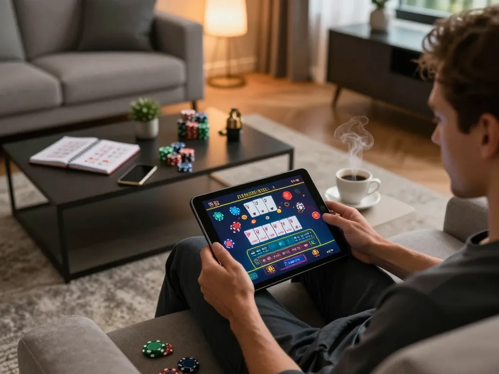 Engaging online gaming experience with god55 on a tablet in a cozy living room, showcasing strategic gambling.