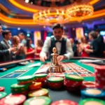 Engaging scene at a casino featuring a dealer, roulette table, and colorful chips