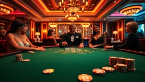 Experience the thrill of a Blackjack Casino game with elegantly dressed players and lively gaming atmosphere.