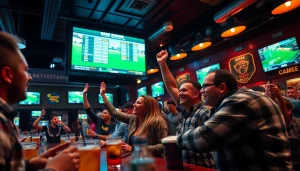 Engaging sports betting atmosphere with lively bettors at a sports bar celebrating their wins.