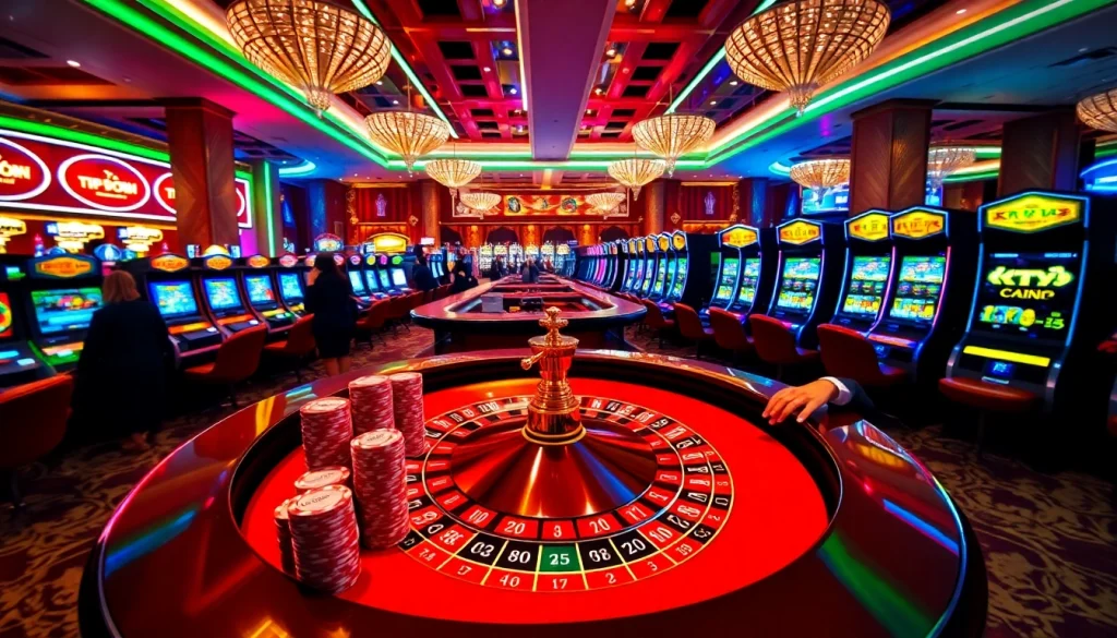 Experience thrilling moments at TẬP ĐOÀN KJC's luxurious casino, featuring roulette tables and slot machines.