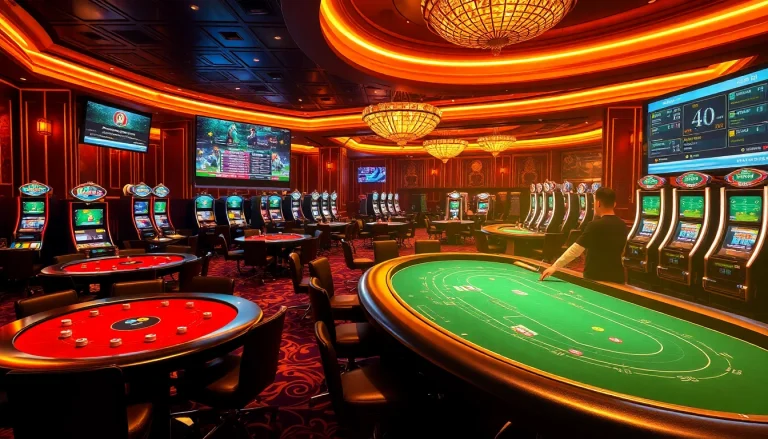 Gambling enthusiasts exploring 주소모음 in a luxurious casino environment, showcasing poker tables and slot machines.