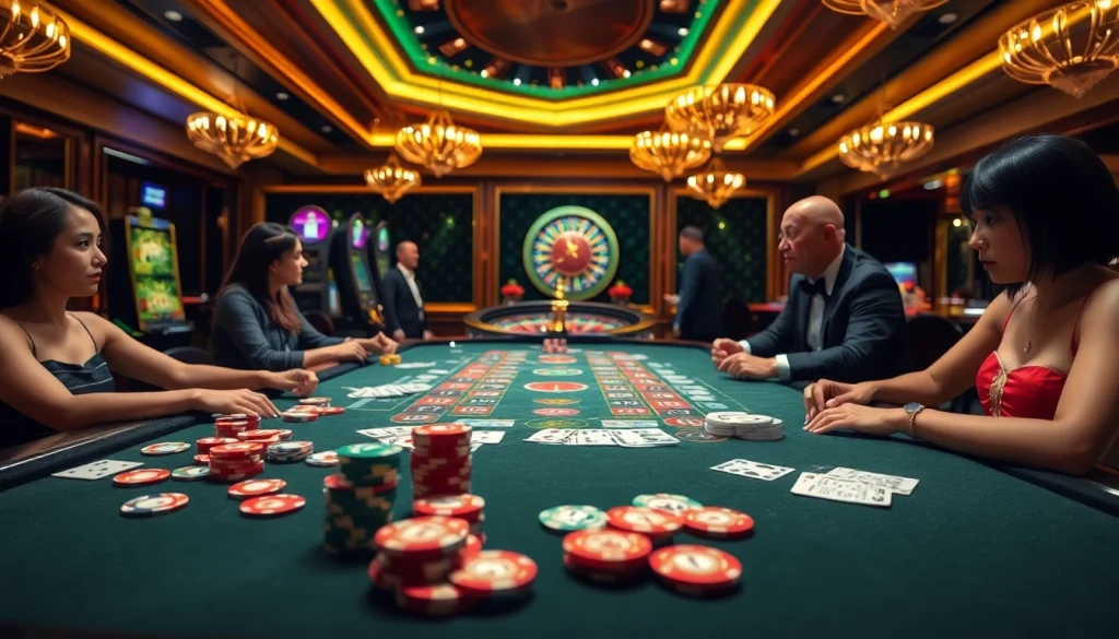 Engaged players enjoying thrilling games at Nhà Cái KKWIN casino, showcasing vibrant tables and exciting ambiance.