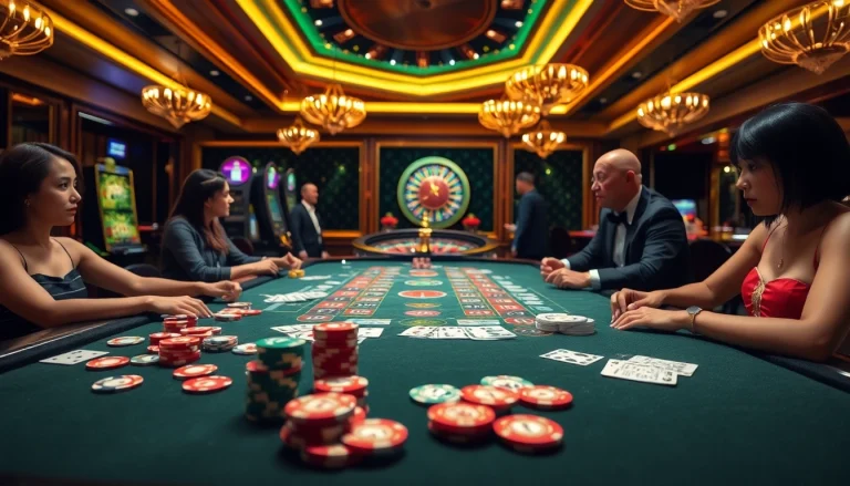 Engaged players enjoying thrilling games at Nhà Cái KKWIN casino, showcasing vibrant tables and exciting ambiance.