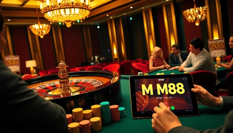 MM88 HOW experience at a vibrant casino with focused players and a spinning roulette wheel.