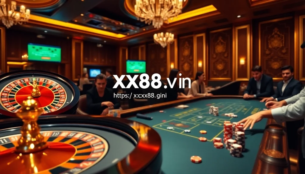 Action-packed gambling scene featuring stakes at https://xx88.vin/ with poker chips and roulette excitement.
