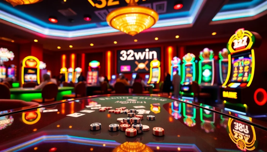 32win showcases a lively gambling scene with players engaging in poker and slot machines.