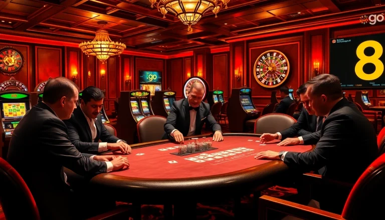 Experience the thrill of go 8 casino gaming at a luxurious poker table with excited players and vibrant slot machines.