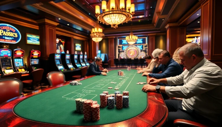 Engaging poker scene at https://cpc188.org with colorful chips and a vibrant casino atmosphere.