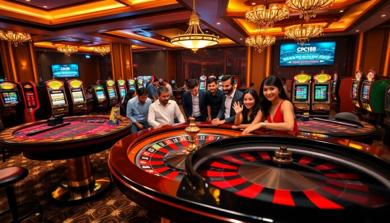 Engaging gamblers at CPC188 enjoy a vibrant casino atmosphere with tables and roulette wheels.