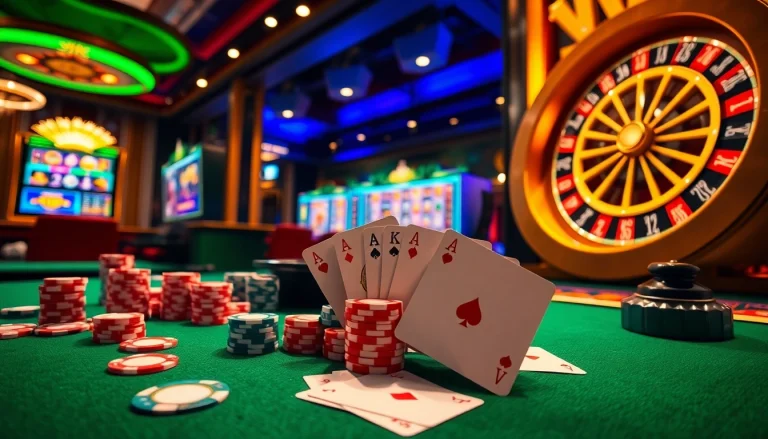 Experience thrilling gaming action at 98win with vibrant casino elements like poker chips and a roulette wheel.
