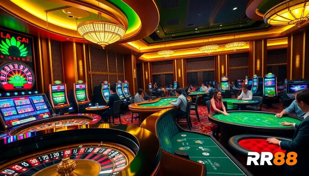 Experience thrilling gameplay at Nhà Cái RR88 with luxurious casino tables and vibrant slot machines.