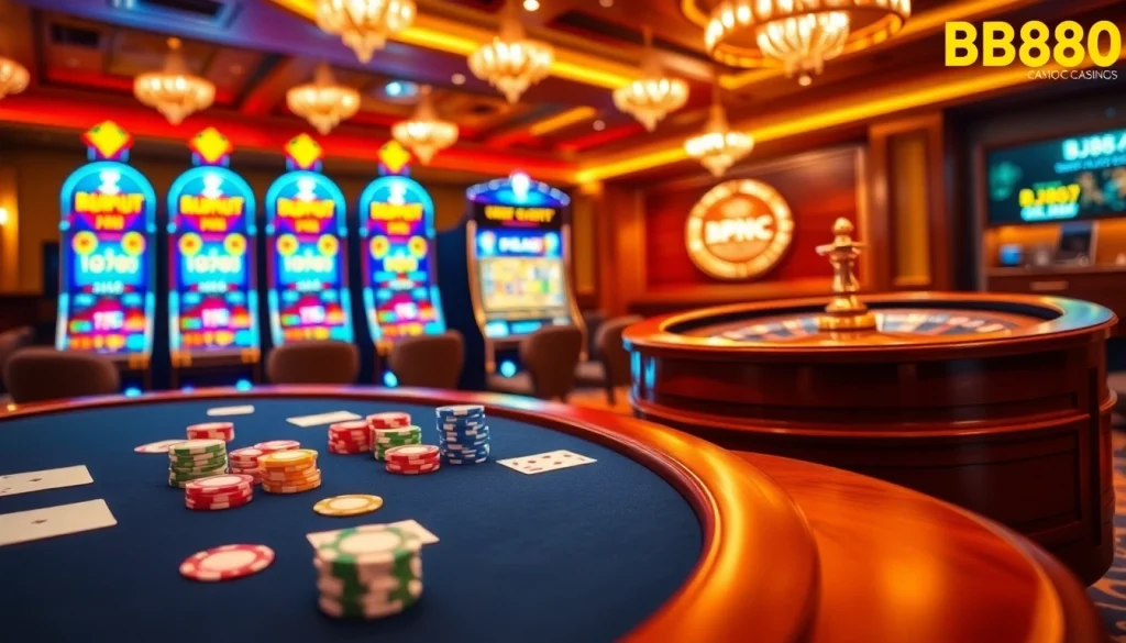Experience excitement at Nhà Cái BJ888 with vibrant casino tables and engaging gaming elements.