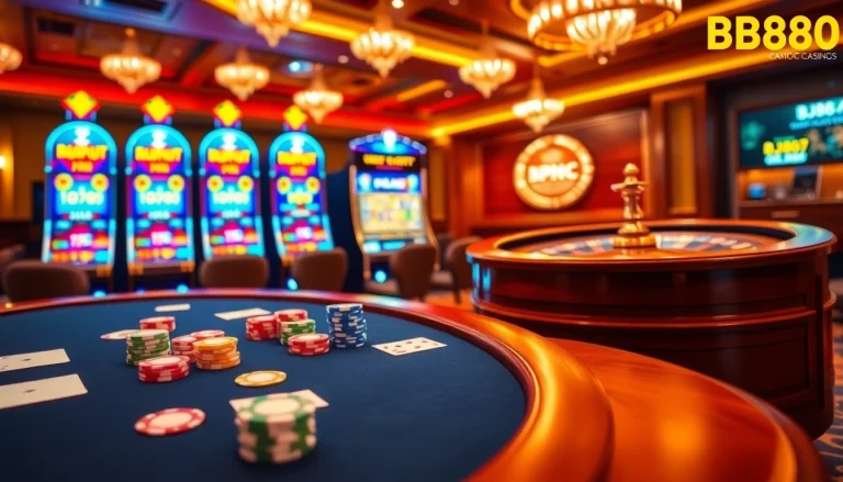 Experience excitement at Nhà Cái BJ888 with vibrant casino tables and engaging gaming elements.