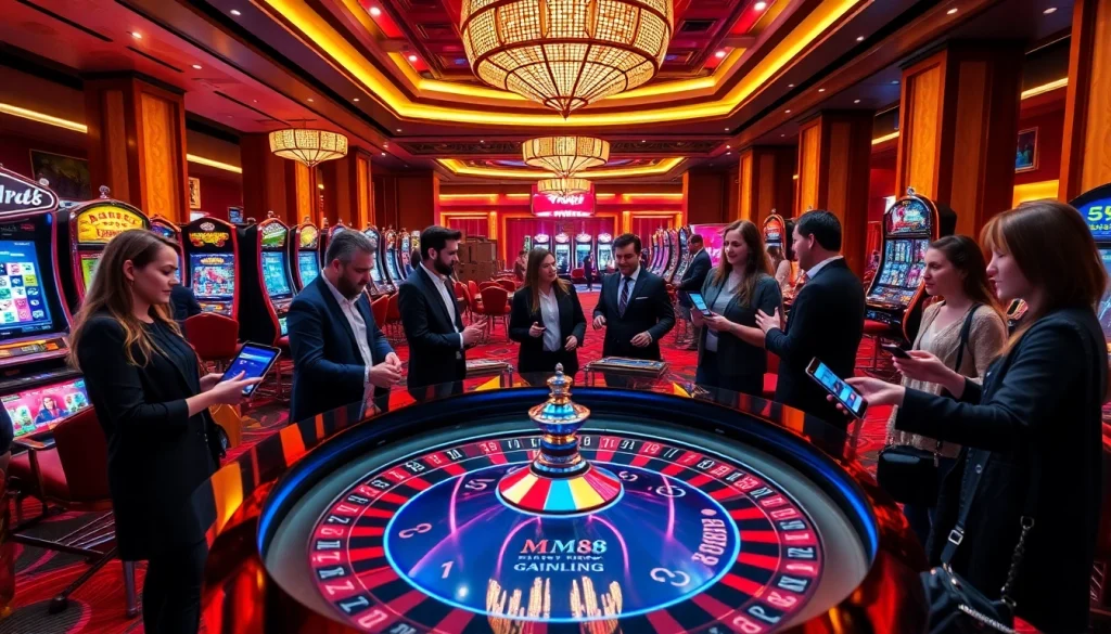 Experience the excitement of live gambling at MM88 on a dynamic casino floor, featuring vibrant roulette and colorful slot machines.