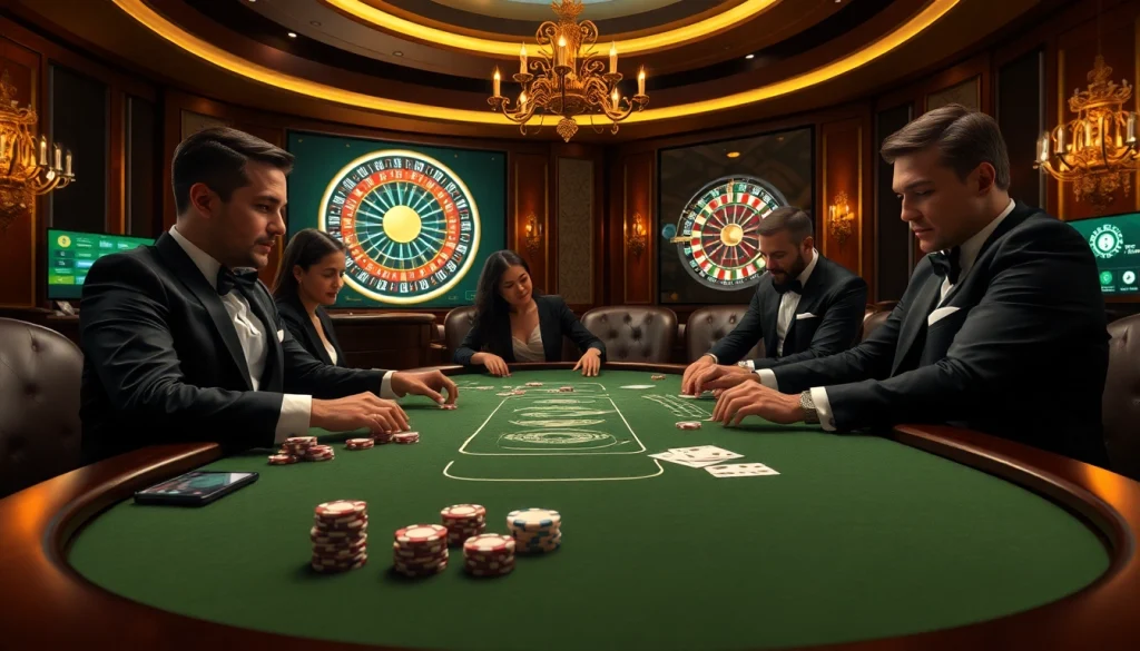 Players engaging in a high-stakes poker game, showcasing strategies with jagoan86 elements in a luxurious casino setting.