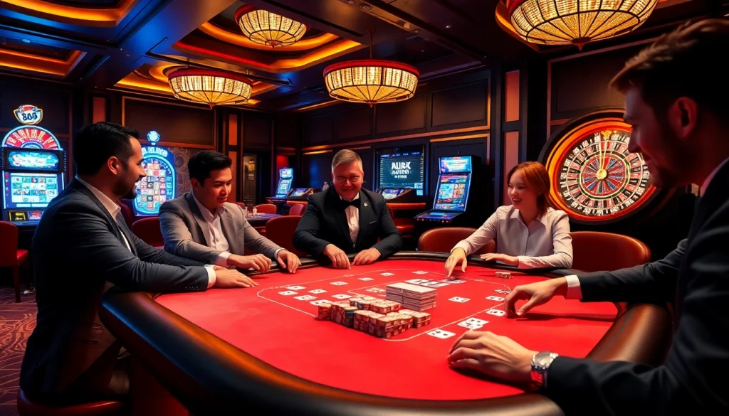 Experience BK8 เว็บตรง excitement at a vibrant poker table and roulette wheel.