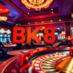 Exciting game at BK8 เว็บตรง casino with poker players and vibrant slot machines.