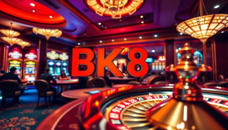 Exciting game at BK8 เว็บตรง casino with poker players and vibrant slot machines.