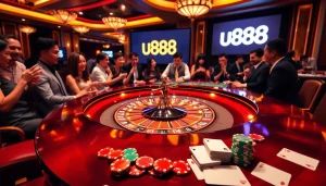 Players enjoying the u888 casino experience with roulette and poker in a luxurious setting.