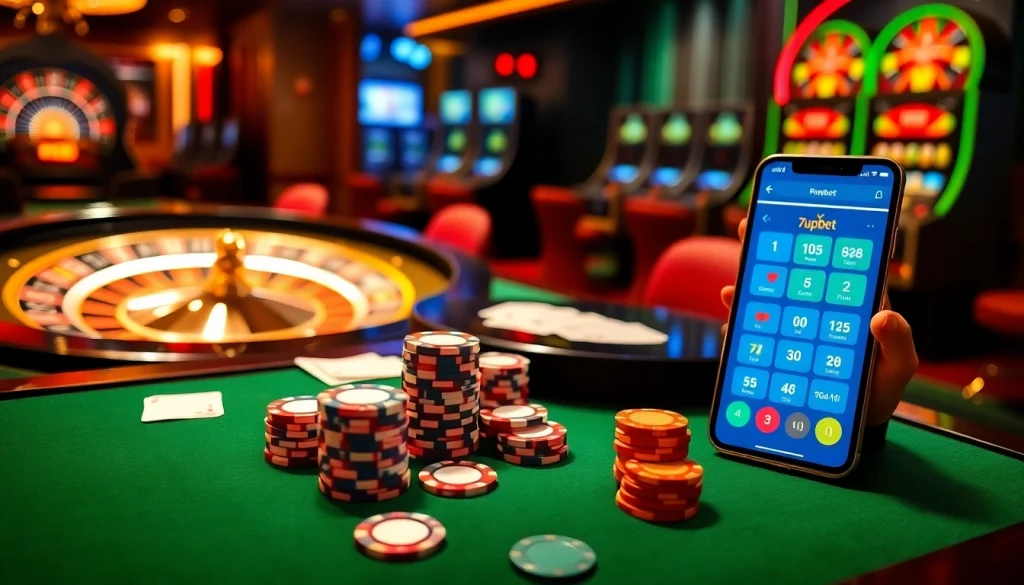 Experience the thrill of gambling at 7upbet with luxurious casino visuals featuring poker chips, roulette, and slots.