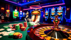 Exciting casino atmosphere showcasing 688v with vibrant poker chips and a spinning roulette wheel.