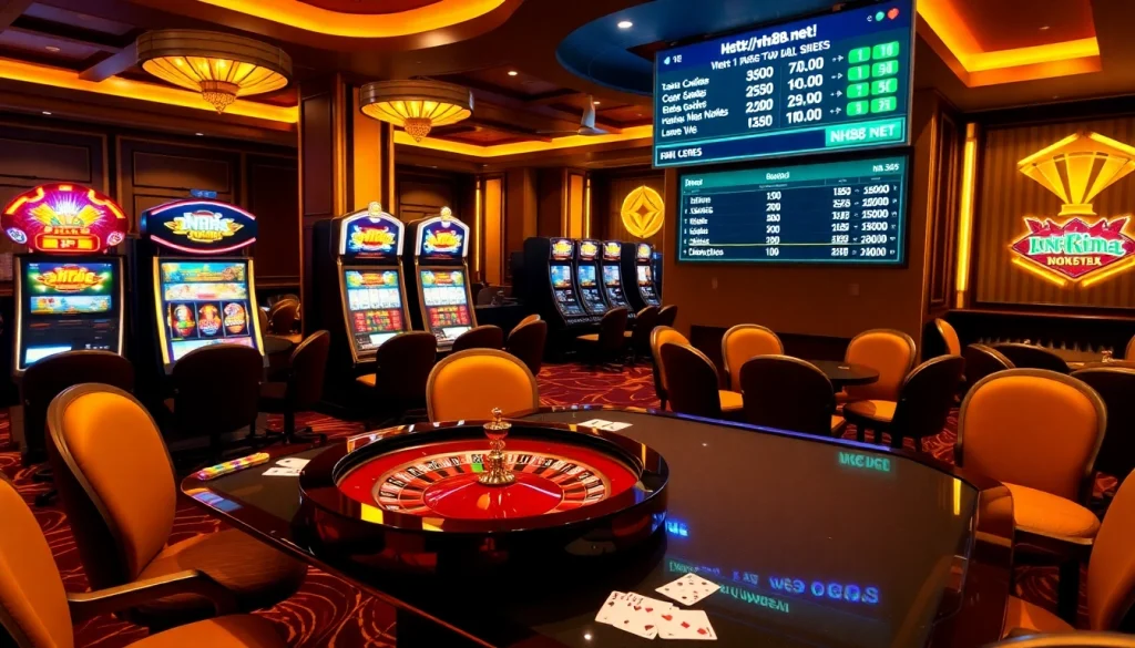 Engage in luxury gaming at https://nh88.net/ with a stunning roulette wheel and vibrant casino scene.