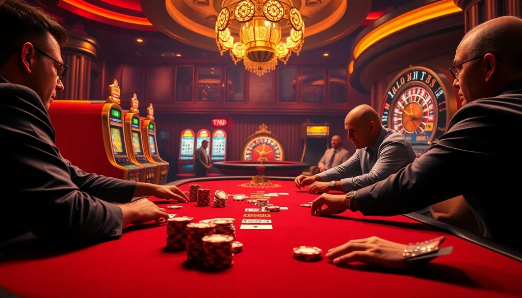 Excited players strategizing at a luxurious casino table, embracing thrilling gameplay at 79king.