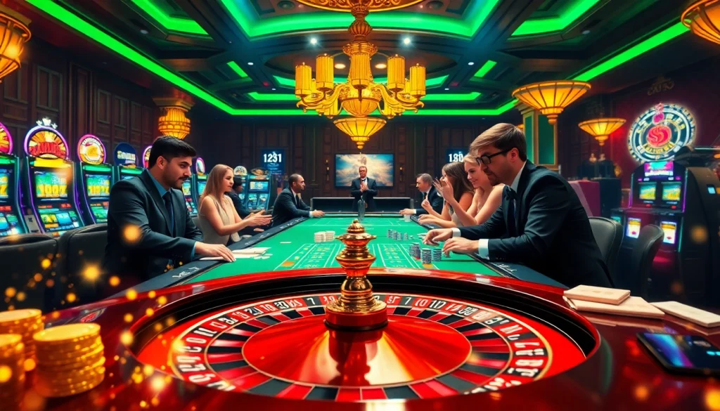 התרגשו מחוויית Stake Casino כששחקנים מריעים סביב שולחן הרולטה והימורים אלקטרוניים ססגוניים.