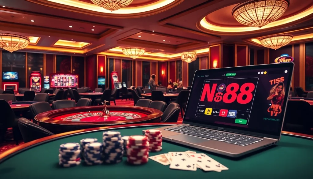 Enjoying a thrilling game at https://nh88vn.com/ with vibrant tables and excited players in a luxurious casino atmosphere.