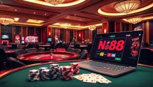 Enjoying a thrilling game at https://nh88vn.com/ with vibrant tables and excited players in a luxurious casino atmosphere.