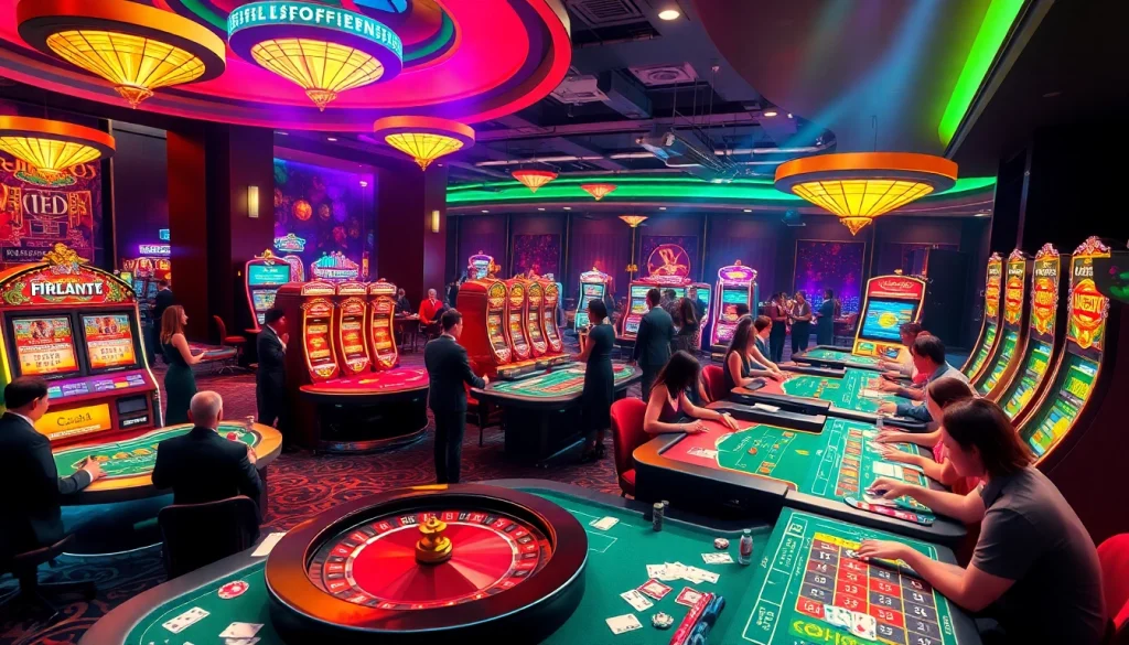 Engaged players enjoying casino games at https://l444.art/ with tables filled with cards and chips.