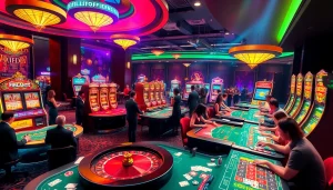 Engaged players enjoying casino games at https://l444.art/ with tables filled with cards and chips.